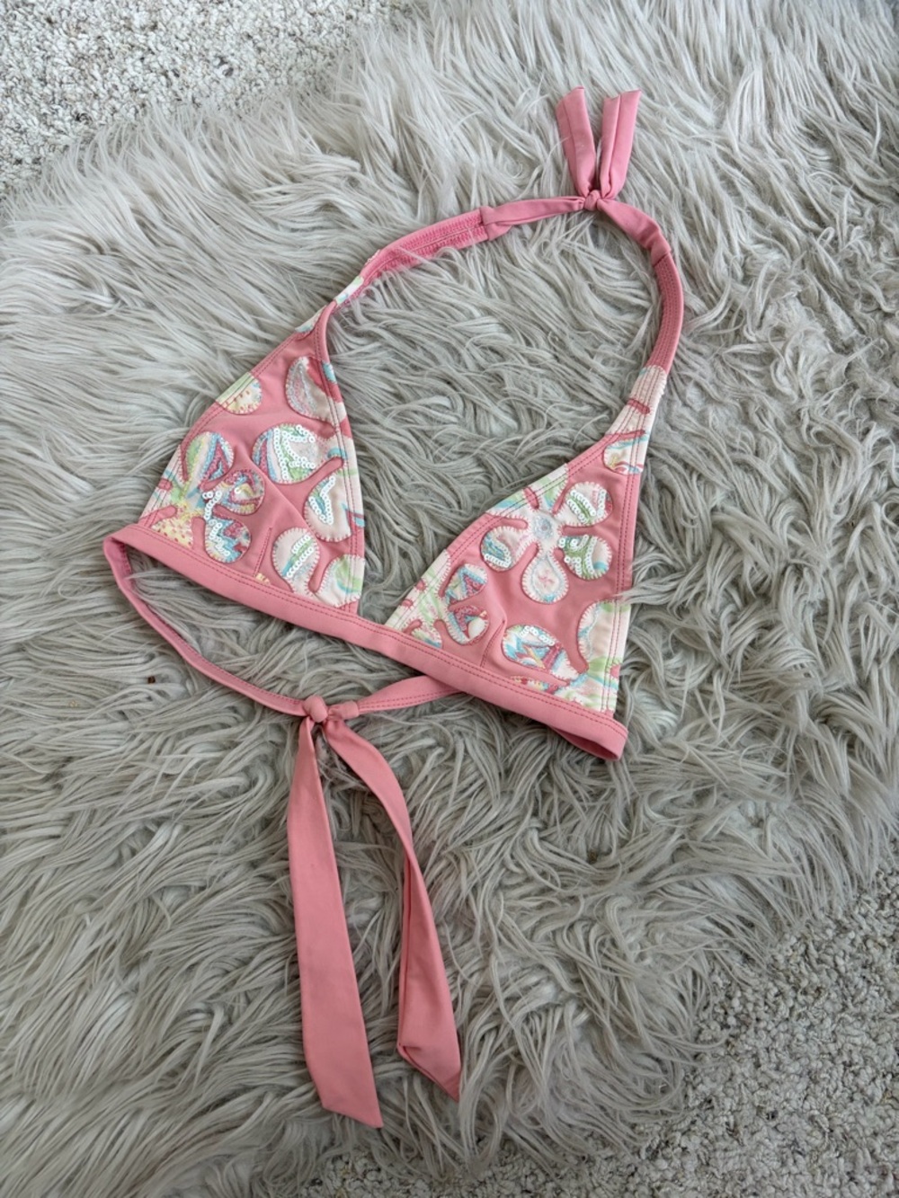 Vix Paula Hermanny Pink Flower Sequin Triangle Bikini Halter Top Size Medium